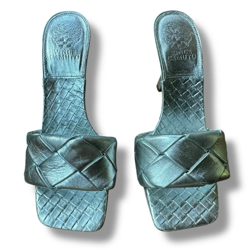 Vince Camuto Brelanie Silver Leather Braided Strap Heeled Slide Sandals | 8.5